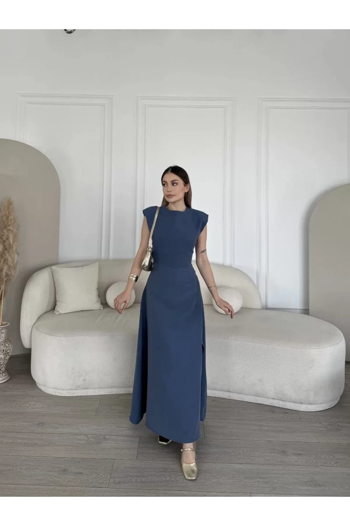 Callidora Yırtmaç Detaylı Keten Maxi Elbise