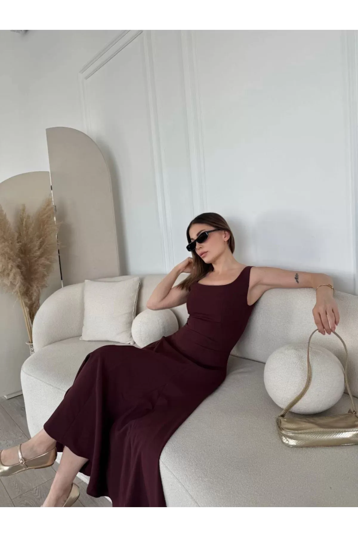 Cérianne Krep Kumaş Sırt Dekolteli Midi Elbise