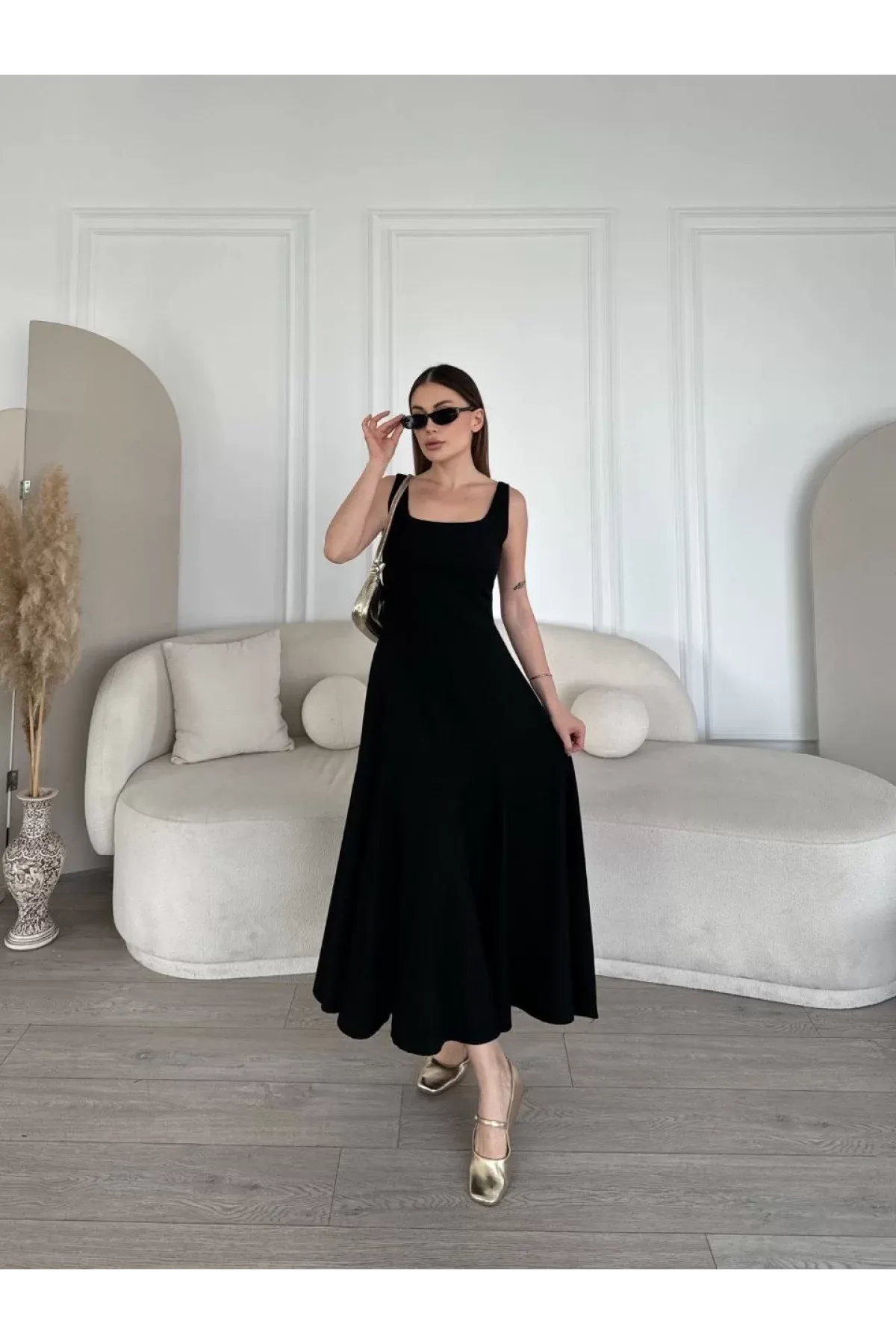 Cérianne Krep Kumaş Sırt Dekolteli Midi Elbise