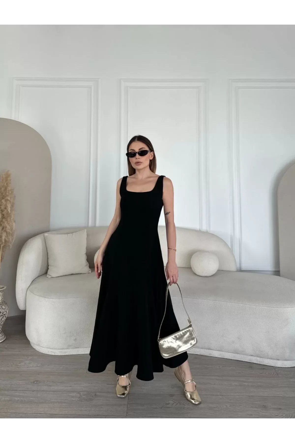 Cérianne Krep Kumaş Sırt Dekolteli Midi Elbise